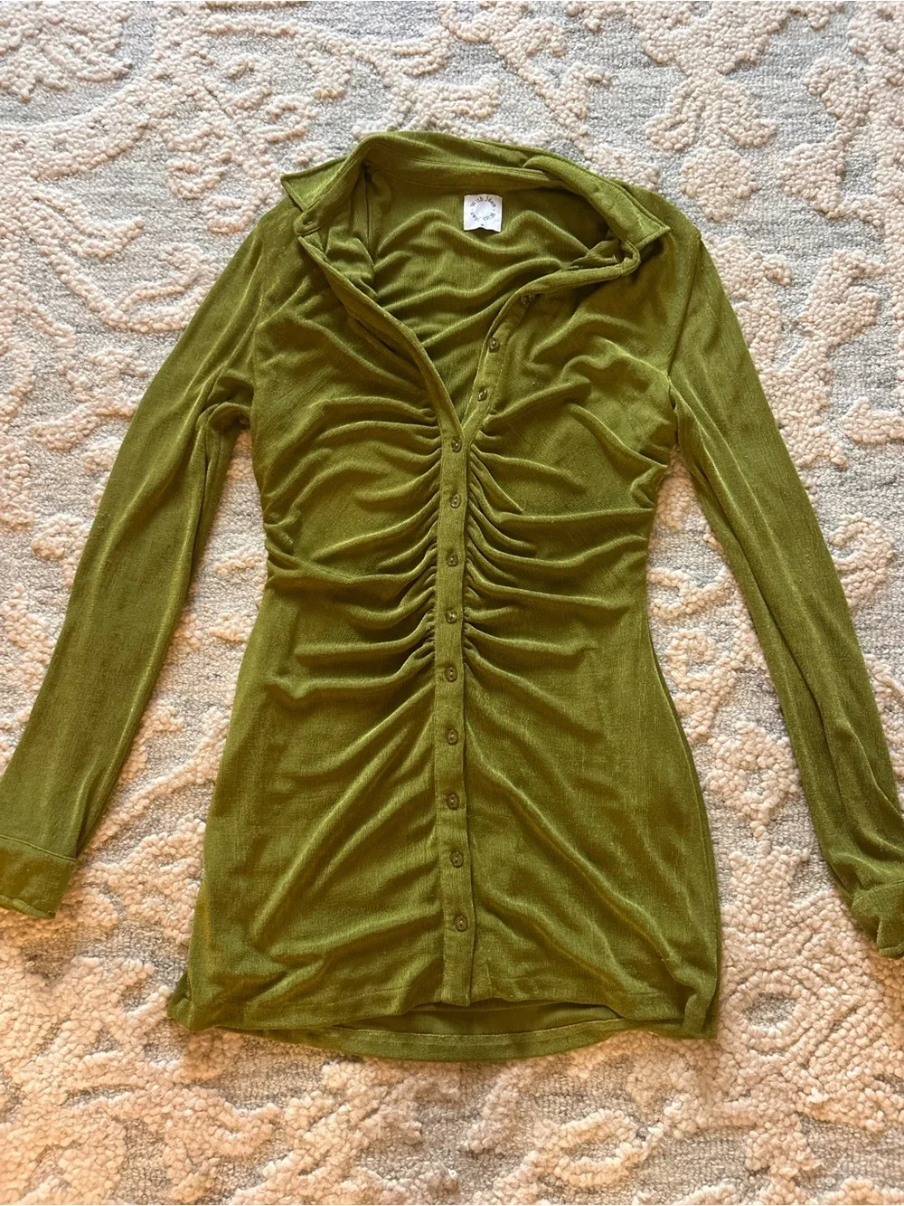 With Jean Bright Green Ruched Button Mini Dress